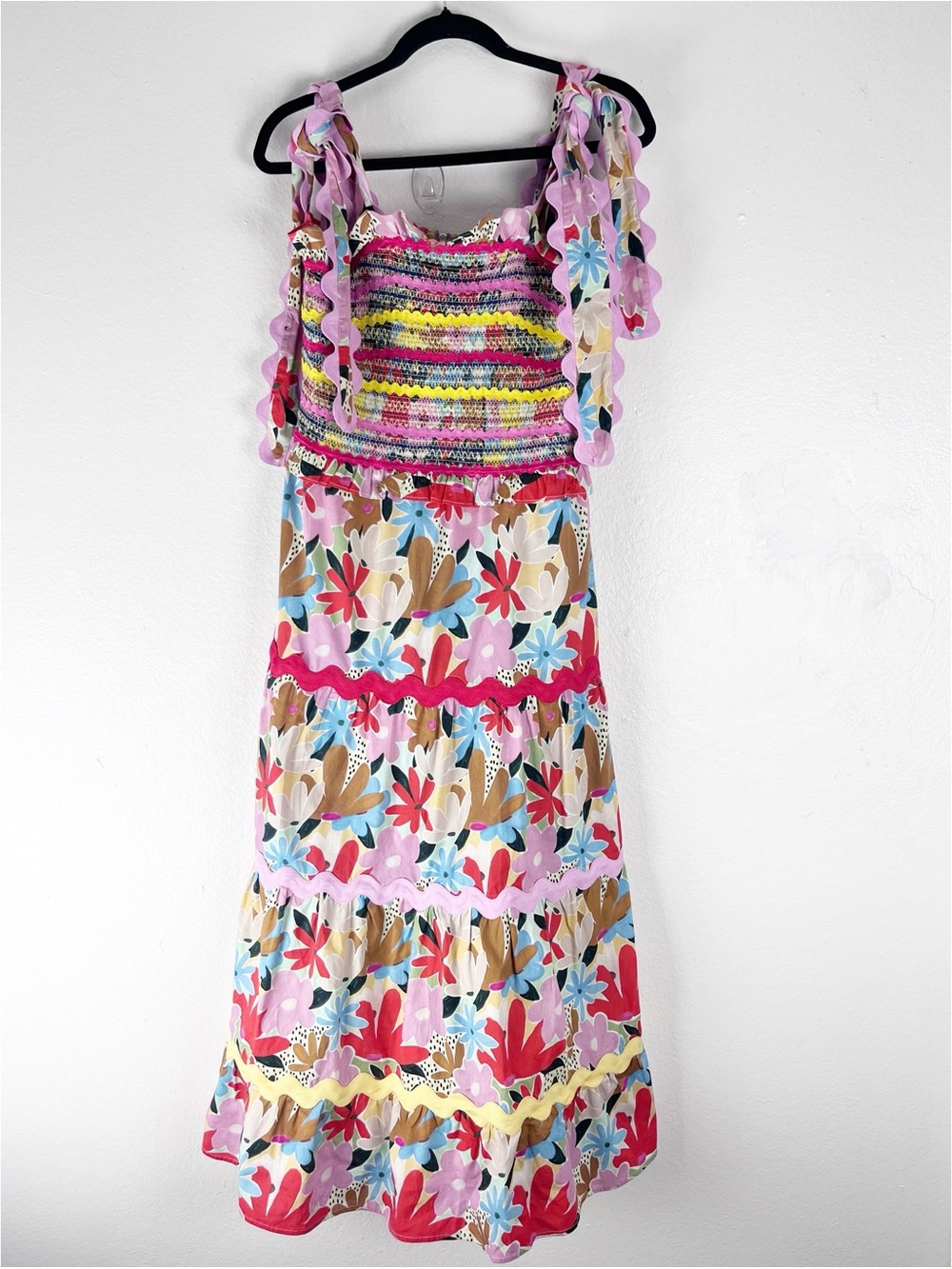 CELIA B Nilsa Ric Rac Floral Smoked Tiered Multicolored Dress Size Large Retro